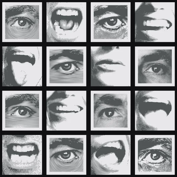 人間の目や口を描いた黒白の正方形の破片がコラージュされたシームレスなパターンは さまざまな感情を表現しています モノクロームベクトル背景 レトロな壁紙包装紙ファブリック — ストックベクタ