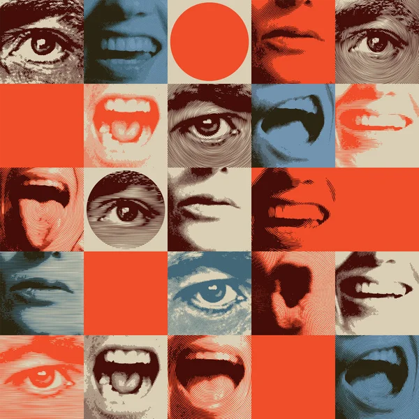Бесшовный Рисунок Человеческими Глазами Ртами Выражающий Различные Эмоции Серьезные Улыбающиеся — стоковый вектор