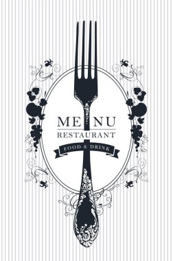 Vector template of restaurant menu decorated with a beautiful antique fork and floral ornaments in Baroque style on a striped background. Black and white menu design for a restaurant with fine cuisine