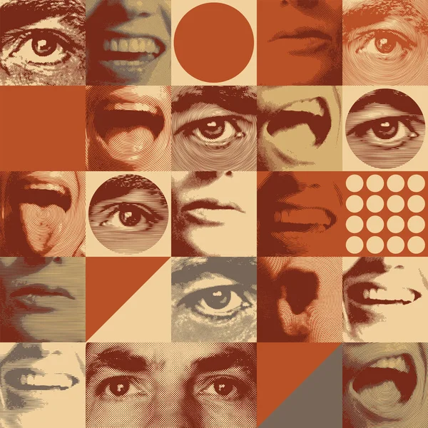 Seamless Pattern Retro Style Human Eyes Mouths Expressing Various Emotions — 스톡 벡터