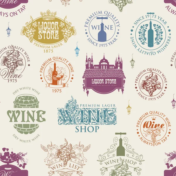 无缝隙图案的葡萄酒标签 轻背景上的标志 复古风格 酒水店主题的彩色矢量背景 适用于墙纸 包装纸或织物 — 图库矢量图片