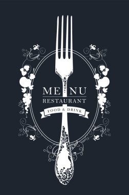 Vector template of restaurant menu, decorated with a beautiful antique fork and a fruit ornament in the Baroque style on a black background. Black and white menu design for a gourmet restaurant