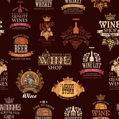 Seamless pattern with labels, logos, emblems for various alcoholic beverages on a brown backdrop. Retro-style vector background, wallpaper, wrapping paper or fabric on the theme of wine, beer, whiskey