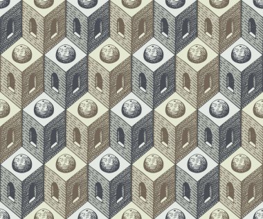Mimari unsurları olan soyut, pürüzsüz desen. Operasyon sanatında el çizimi geometrik arka plan. Tekrarlayan vektör dokusu, duvar kağıdı, ambalaj kağıdı, döşeme, bej ve gri renkli kumaş