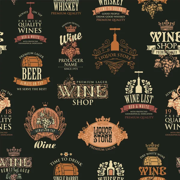 Patrón Sin Fisuras Tema Del Vino Cerveza Whisky Fondo Vectorial — Vector de stock