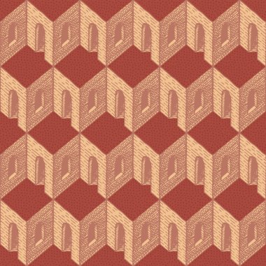 Kırmızı düz çatıları olan birbirinin tıpatıp aynısı bir sürü odası olan vektör pürüzsüz desen. Soyut geometrik arkaplan, duvar kâğıdı, ambalaj kağıdı, elle çizilmiş 3D mimari unsurlarla döşeme