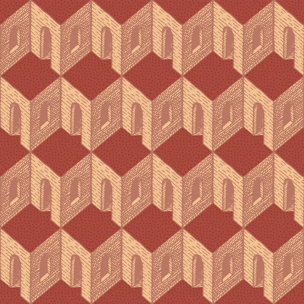 赤い平らな屋根を持つ多くの同じ部屋とベクトルシームレスなパターン 抽象幾何学的背景 包装紙 手描きの3D建築要素を持つ床 — ストックベクタ