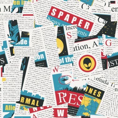 Seamless pattern with an abstract collage of magazine and newspaper clippings. Color vector background with illegible text, titles and illustrations on aliens topic. Wallpaper, wrapping paper, fabric clipart