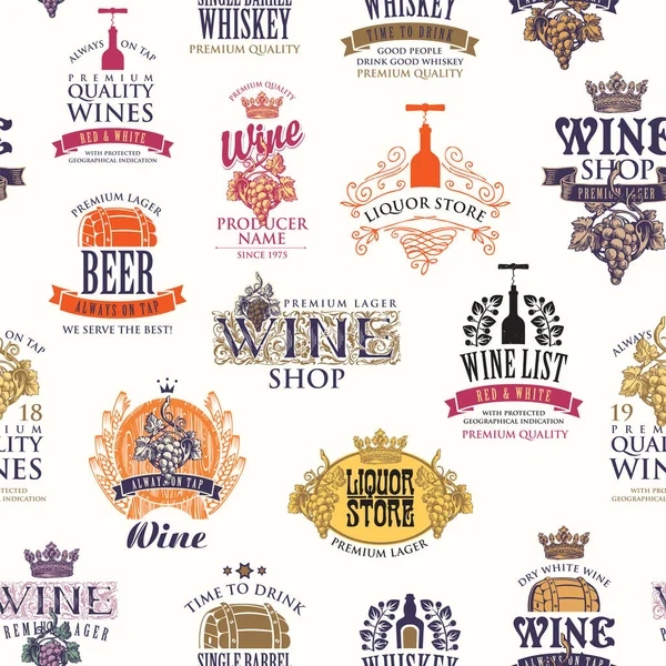 Seamless Pattern Labels Logos Sings Various Alcohol Beverages Light Backdrop — Stock Vector