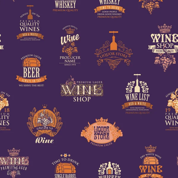 Patrón Sin Costuras Tema Del Vino Whisky Cerveza Estilo Retro — Archivo Imágenes Vectoriales