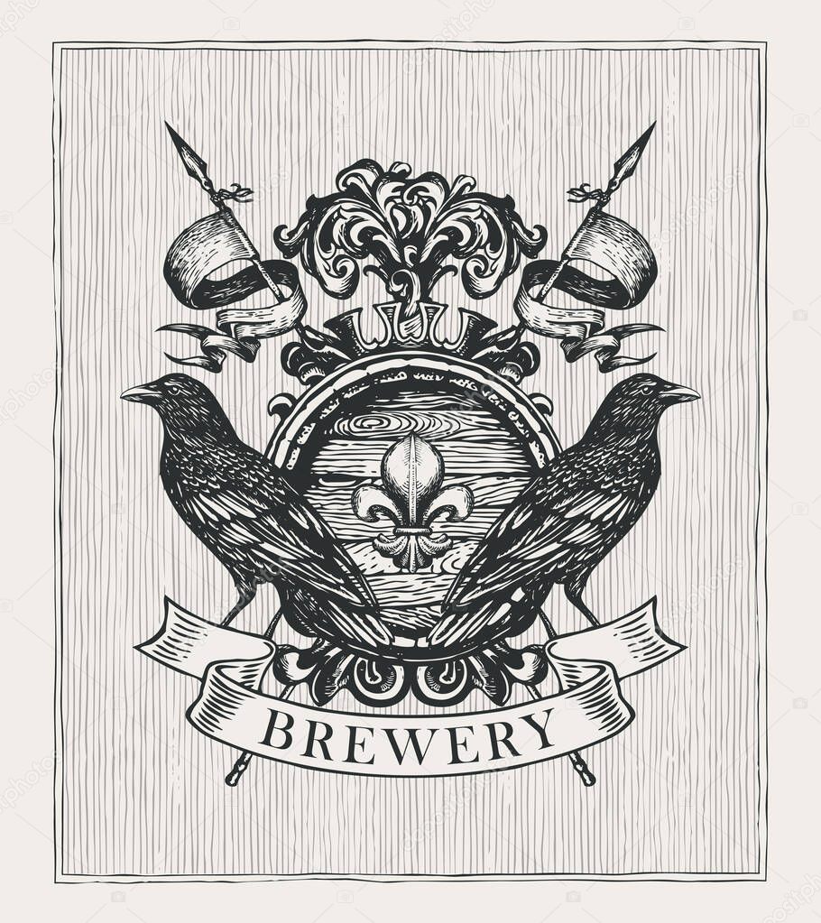 Old brewery coat of arms in vintage style. Hand-drawn illustration. Vector heraldic Coat of arms with ravens, crown, spears, ribbon and wooden barrel. Suitable for pubs, bars and breweries design
