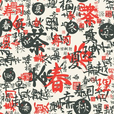 Siyah ve kırmızı Japon ya da Çin hiyeroglifleri ile kusursuz desen çay, suşi, bahar, yaz, sonbahar, kış, mükemmellik, mutluluk, gerçek. Soyut vektör arkaplanı, duvar kağıdı veya ambalaj kağıdı