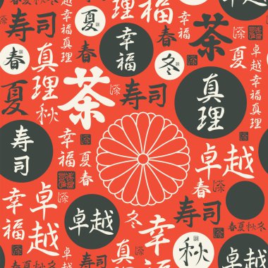 Japon ya da Çin hiyerogliflerinin kusursuz deseni Mükemmellik, Mutluluk, Hakikat, Sushi, Çay, Bahar, Yaz, Sonbahar, Kış kırmızı. Dekoratif vektör arkaplan duvar kağıdı, kumaş, ambalaj kağıdı