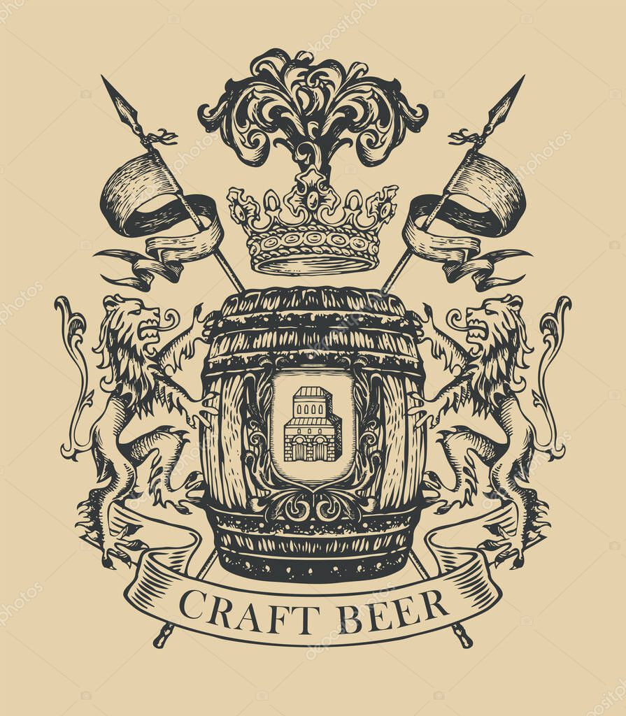 Hand-drawn banner for craft beer with a coat of arms in vintage style. Black and white vector brewery emblem with a wooden barrel, lions, flags, spears, crown and old building on a knightly shield