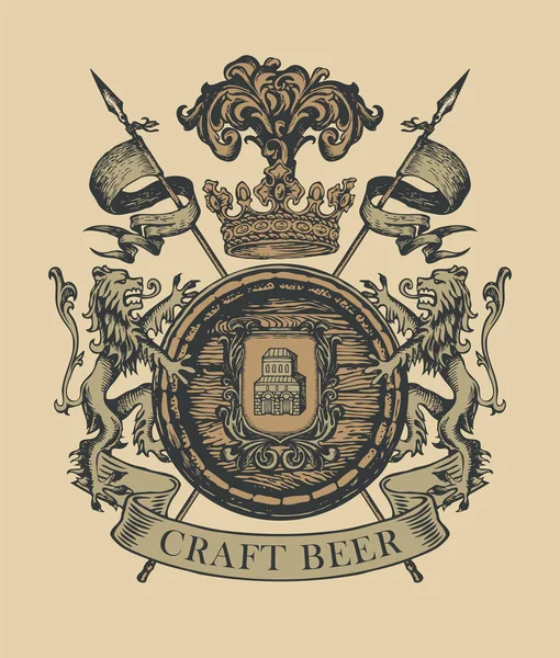 Brasão Armas Desenhado Mão Para Cerveja Artesanal Estilo Vintage Fundo — Vetor de Stock