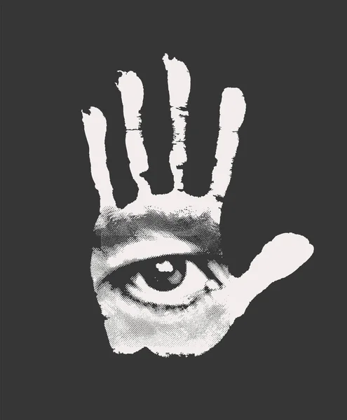 黒の背景に孤立したヤシの上に男性の目と眉を持つ手書きの抽象ベクトルバナー 人間の目と手の印刷物を見ながら黒と白のイラスト — ストックベクタ
