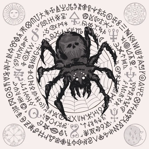 一个手绘的插图 有一个巨大的掠食性可怕的黑色蜘蛛在蜘蛛网的背景和不可读的标志和在圆圈中写着的符文 复古风格的矢量装饰横幅 — 图库矢量图片