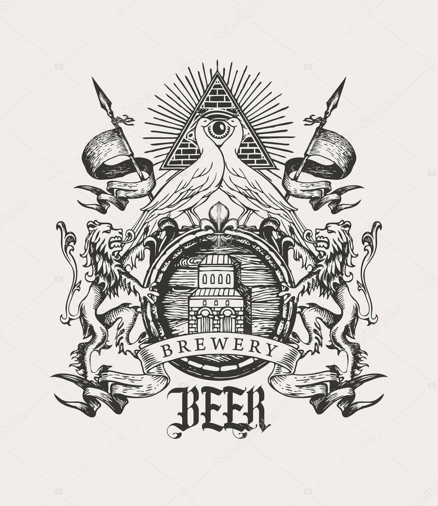 Hand-drawn coat of arms for brewery in vintage style on an old paper background. Black and white vector beer emblem with a wooden barrel, lions, flags, spears, peacocks, all-seeing eye and ribbon