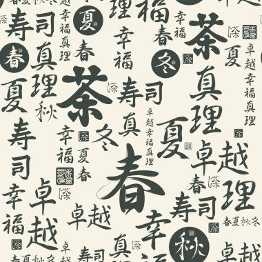 Siyah Japon ya da Çin hiyerogliflerinin kusursuz deseni Mükemmellik, Mutluluk, Gerçek, Bahar, Yaz, Sonbahar, Kış, Suşi, Çay. Monokrom vektör arkaplanı, duvar kağıdı, ambalaj kağıdı veya kumaş
