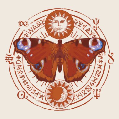 Tavus kuşu gözü kelebeği ve gizemli runik işaretleri olan sihirli bir daire, ışık arka planında güneş ve ay olan bir resim. Kırmızı bir kelebek ve kutsal, sihirli işaretlerle retro tarzı taşıyıcı pankart.