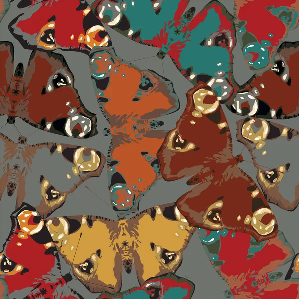 Безшовний Візерунок Кольоровими Метеликами Очей Павичів Фоні Хакі Ретро Стилі — стоковий вектор