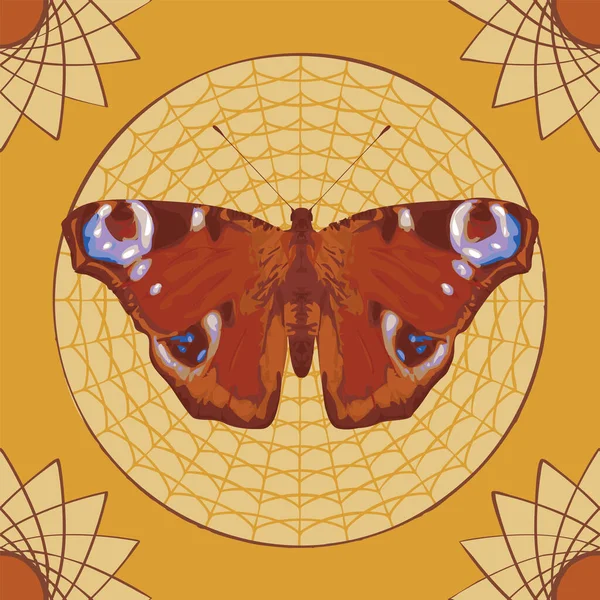 Векторний Банер Павича Очей Метелика Декоративному Жовтому Тлі Симетричним Візерунком — стоковий вектор
