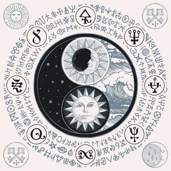 Vektor Yin Yang Simbol Dengan Matahari Bulan Bintang Gelombang Laut - Stok Vektor