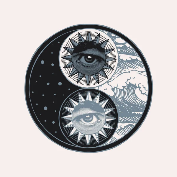 Символ Векторного Инь Янь Человеческими Глазами Звездами Морскими Волнами Светлом — стоковый вектор