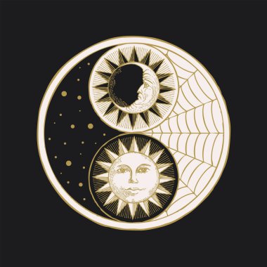 Siyah üzerinde güneş, ay, yıldız ve örümcek ağı olan vektör yin yang sembolü. İnsan yüzlü, el yapımı ay ve güneş, gece gündüz. Okült ve mistik uyum işareti, denge, feng shui, zen, yoga