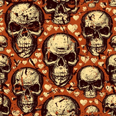 Soyut, pürüzsüz, şeytani insan kafatasları ve kırmızı arka planda sevimli kalpler. Elle çizilmiş kafatasları ile grunge tarzında vektör arkaplan. Duvar kağıdı, ambalaj kağıdı, kumaş, giysi için uygun.