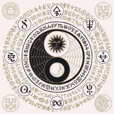 Güneş, ay, örümcek ağı ve sihirli işaretli yin yang sembolü daire şeklinde yazılmış. İnsan yüzlü, el yapımı ay ve güneş, gece gündüz. Ahenk işareti, denge, feng shui, zen, yoga