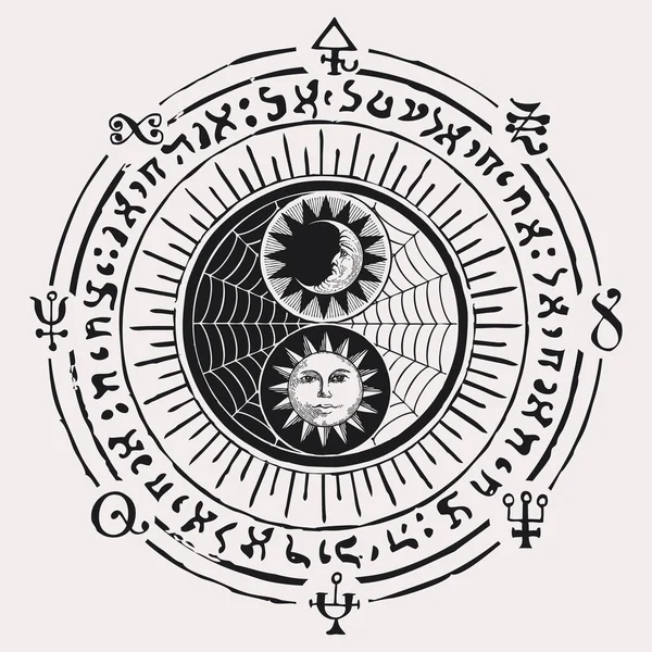 Handgezeichnetes Yin Yang Symbol Mit Sonne Mond Spinnweben Und Magischen — Stockvektor