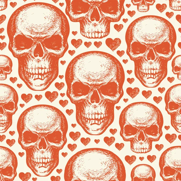 Seamless Pattern Sinister Human Skulls Cute Hearts Retro Style Vector — Stock Vector