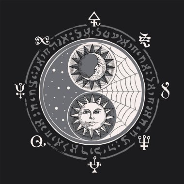 Güneş, ay ve sihirli işaretli vektör yin yang sembolü, koyu arkaplanda daire şeklinde yazılmış. Elle çizilmiş ay ve insan yüzlü güneş. Uyumun mistik işareti, denge, gece gündüz, feng shui, zen