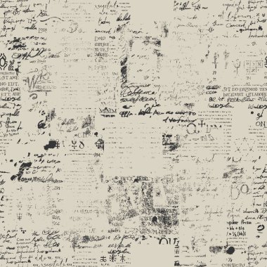 Okunamaz yazı ve el yazısı, karalama, eski kağıt üzerindeki lekeler parçalarıyla soyut, pürüzsüz desen. Grunge tarzında tek renkli vektör arkaplanı. Duvar kağıdı, ambalaj kağıdı veya kumaş