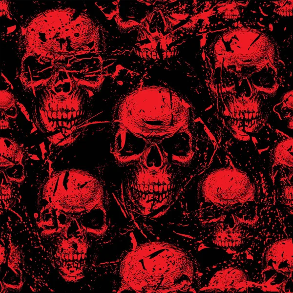 赤の姉妹の頭蓋骨とシームレスなパターンは 暗闇の外を見ている 人間の頭蓋骨と血滴を持つベクトル背景は グランジスタイルで ファブリック 包装紙のためのグラフィックプリント — ストックベクタ