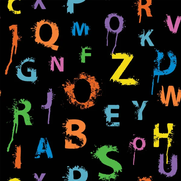在黑色背景上以彩色油漆斑斑和水花的形式 用字母表字母勾勒出无缝图案 带有明亮字母的矢量背景 包装纸或织物 — 图库矢量图片