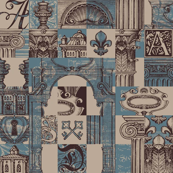 Patrón Sin Costura Abstracto Sobre Tema Arquitectura Antigua Arte Repetir — Archivo Imágenes Vectoriales