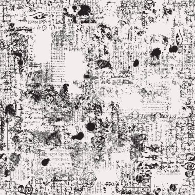 Okunamaz yazı, el yazısı, karalama ve leke parçaları olan soyut, pürüzsüz desen. Grunge tarzında tek renkli vektör arkaplanı. Duvar kağıdı, ambalaj kağıdı veya kumaş tasarımı