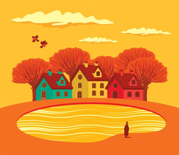 Autumn Landscape Yellowed Trees Clouds Sky Cute Colored Houses Lonely — Stock Vector