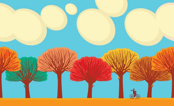 Seamless Horizontal Frieze Colorful Autumn Trees Passing Cyclist Blue Sky — Stock Vector