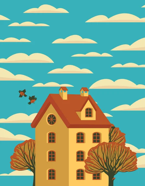 淡淡的秋天风景 带着黄色的三层房子 倒下的树 一对小鸟和云朵在蓝天中 卡通风格的装饰矢量插图 — 图库矢量图片