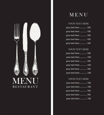 Güzel mutfağı olan bir restoran için vektör menüsü tasarımı. Bir restoran menüsünün siyah beyaz bir şablonu ve siyah arka planda antika bir çatal bıçakla süslenmiş bir kapağı.