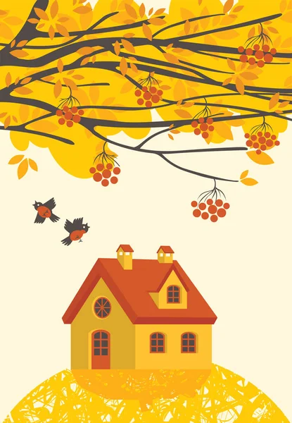 Autumn Landscape Yellowed Rowan Branches Pair Birds Cute Yellow House — Stock Vector