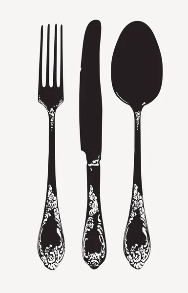 Conjunto Blanco Negro Tenedor Cuchara Cuchillo Estilo Retro Ilustración Vectorial — Vector de stock