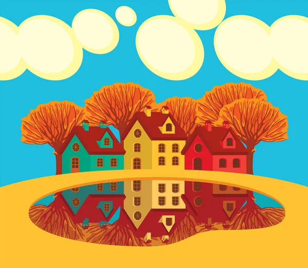 秋天的风景 黄黄的树木 蓝天的云彩和可爱的彩色房子映衬在一个大水坑里 卡通风格的装饰秋季矢量插图 — 图库矢量图片