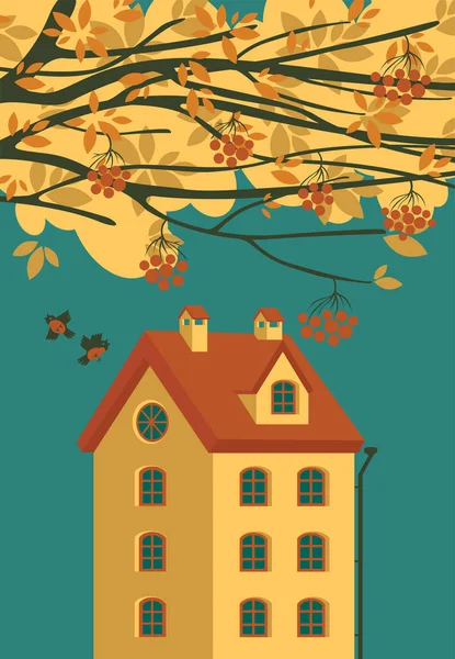 Осенний Пейзаж Пожелтевшими Рябинами Пара Птиц Милый Желтый Трехэтажный Дом — стоковый вектор