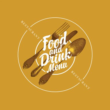 Antika çatal bıçak takımı ve retro tarzı yazıtlarla dolu bir restoran menüsünün vektör şablonu. Hardal arkaplanda altın rengi çatal, bıçak ve kaşıkla reklam pankartı.