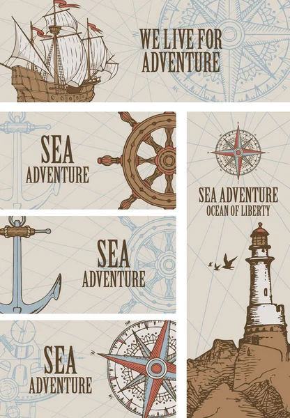 Ensemble Bannières Vectorielles Sur Thème Aventure Maritime Avec Phare Dessiné — Image vectorielle