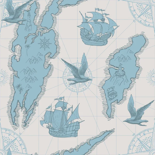 コンパス 海賊フリゲート ヴィンテージセーリング船やカモメと古い地図の形で手描きのシームレスなパターン レトロスタイル 包装紙やファブリックデザインのベクトル背景 — ストックベクタ